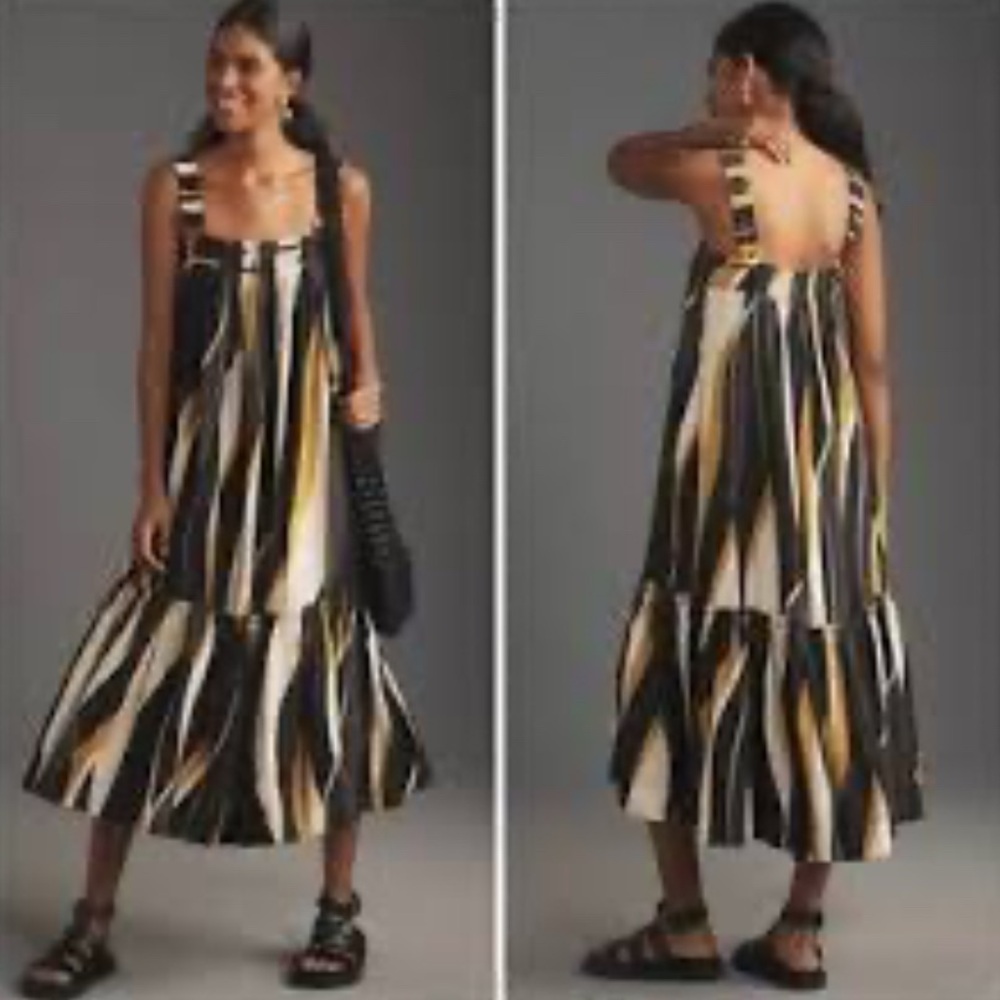 NWT By Anthropologie Square-Neck Waistless Midi Dress Black Motif